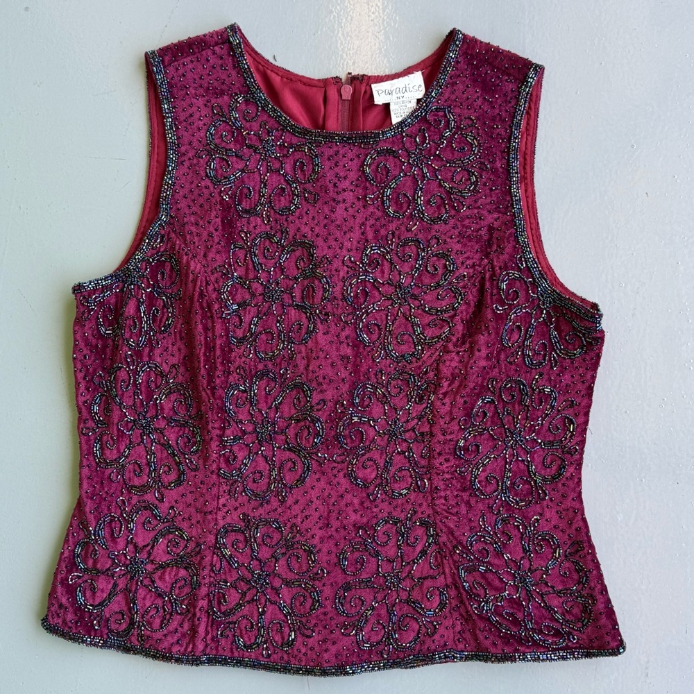 Burgundy Fitted Glass Beaded Embellished Blouse size XL